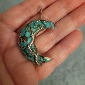 Crescent Moon Silver Tone And Turquoise / Glass